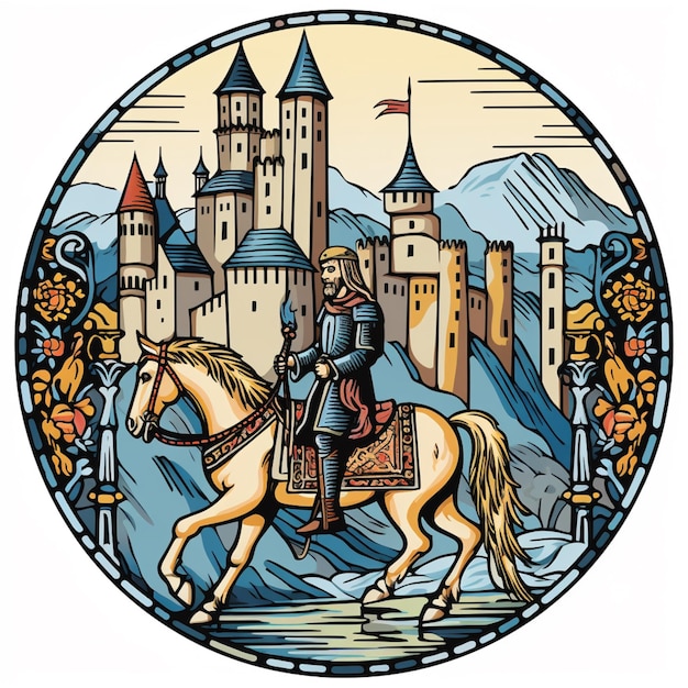 Photo arafed image of a knight riding a horse in front of a castle generative ai