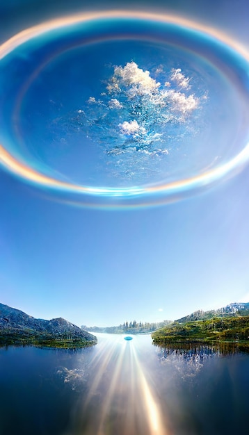 arafed image of a lake with a rainbow ring in the sky generative ai