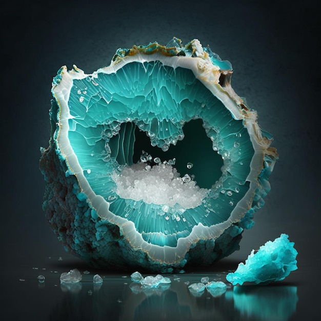 小量の氷が生成された青い結晶の大きな塊のアラフェッド画像