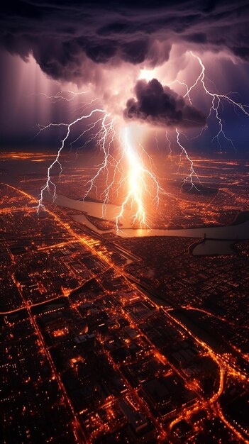 Arafed image of a lightning bolt hitting a city at night generative ai