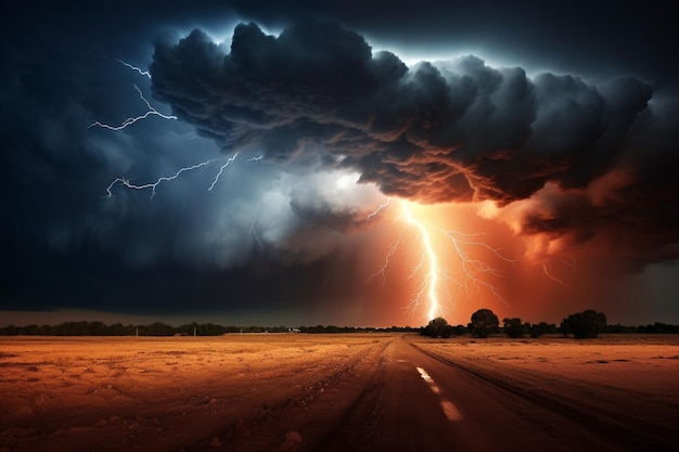 arafed image of a lightning bolt hitting a cloud over a dirt road generative ai