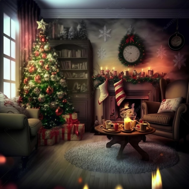 arafed image of a living room with a christmas tree and a fireplace generative ai