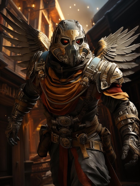 arafed image of a man in armor with wings in a building generative ai