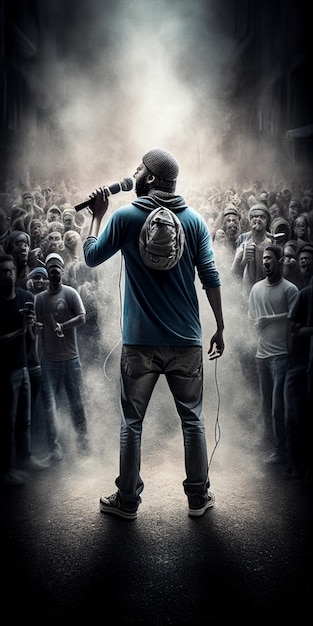 Arafed image of a man in blue shirt and jeans standing front crowd people generative ai