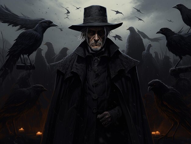 arafed image of a man in a hat and cloak with crows generative ai