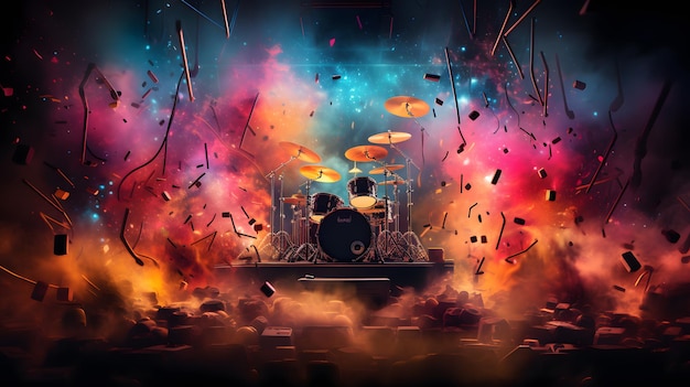 arafed image of a man playing drums on stage with colorful lights Generative AI