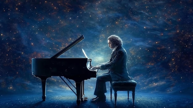 Arafed image of a man playing a grand piano in a starry sky generative ai