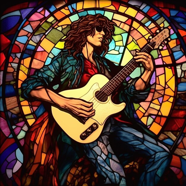 Arafed image of a man playing a guitar in front of a stained glass window generative ai