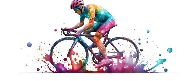 arafed image of a man riding a bike with colorful paint splashes Generative AI