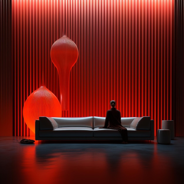 Arafed image of a man sitting on a couch in a room with a red light generative ai