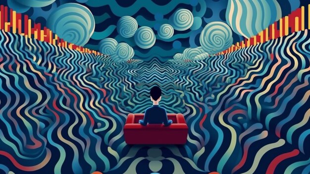 arafed image of a man sitting on a red couch in a room with a pattern on the wall generative ai