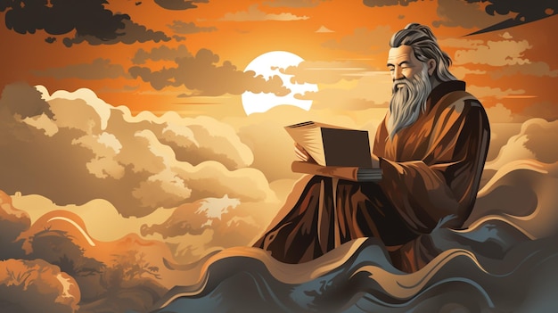 Arafed image of a man sitting on a rock reading a book generative ai