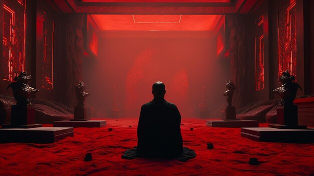 Arafed image of a man sitting in a room with red lighting generative ai