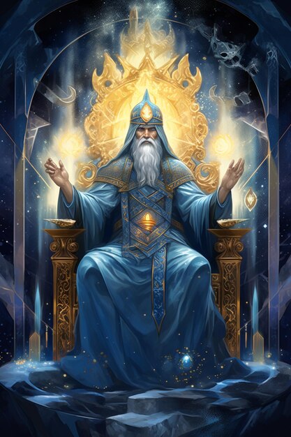 황금 왕관을 가진 왕좌에 앉아있는 사람의 아라페드 이미지