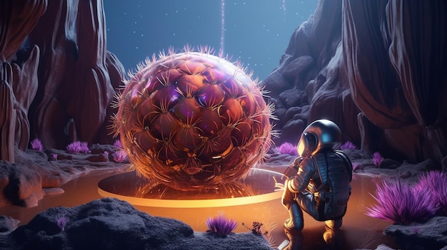 Arafed image of a man in a space suit standing in front of a giant sphere generative ai