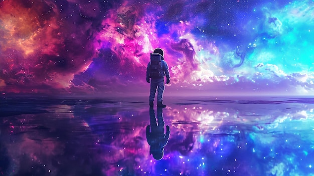 Арафированное изображение человека, стоящего на пляже с красочной галактикой на заднем плане
