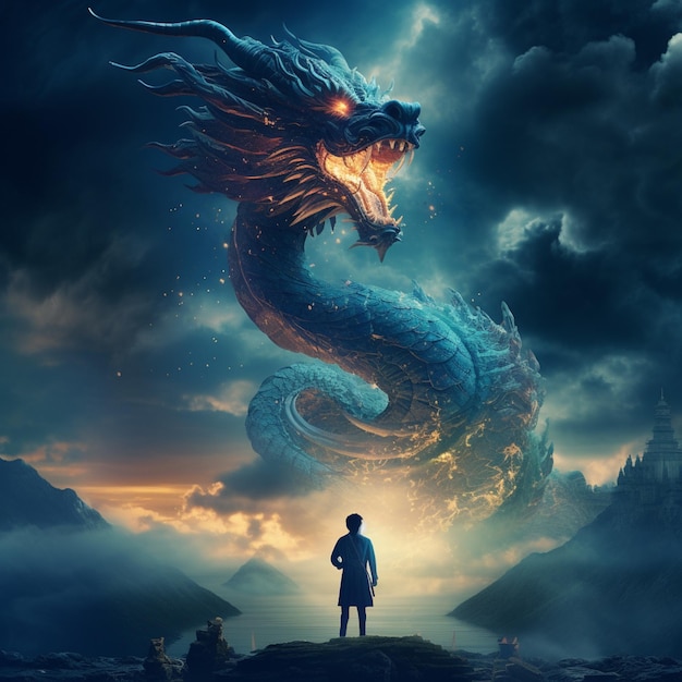 Arafed image of a man standing on a cliff looking at a dragon generative ai