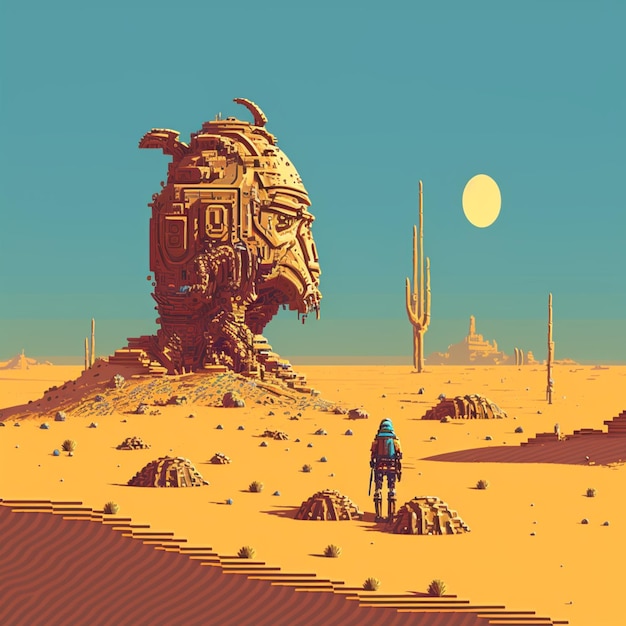 Arafed image of a man standing in the desert with a giant alien head generative ai