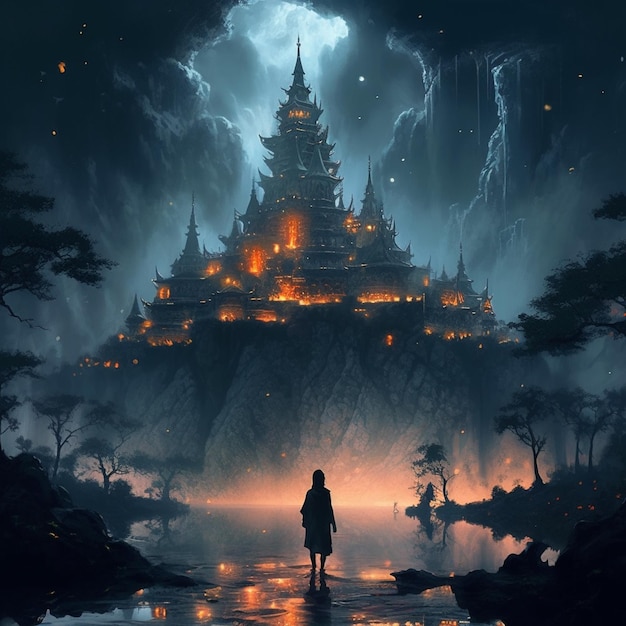 arafed image of a man standing in front of a castle at night generative ai