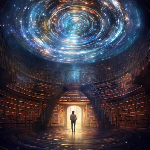 Foto immagine raffigurata di un uomo in piedi in una biblioteca con una scala a spirale generativa ai