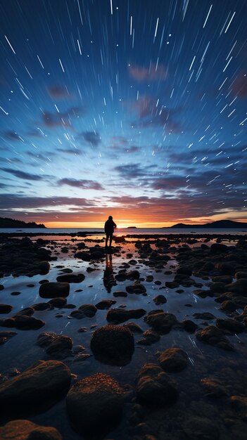 Foto immagine raffigurante di un uomo in piedi su una spiaggia rocciosa al tramonto