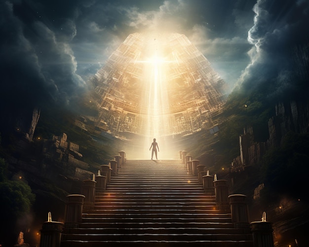 arafed image of a man standing on a stairway leading to a bright light generative ai