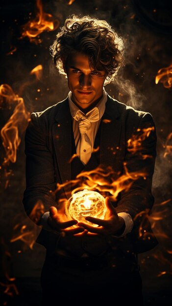 Photo arafed image of a man in a suit holding a glowing ball generative ai