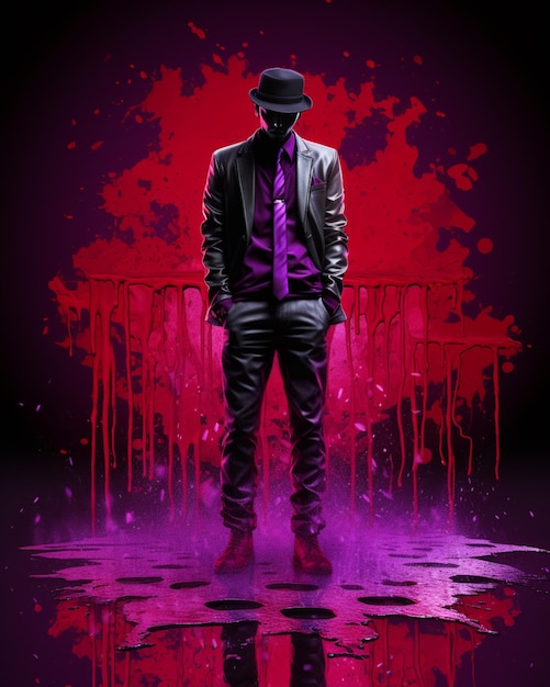 arafed image of a man in a suit and tie standing in front of a blood splattered wall generative ai