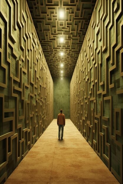 Photo arafed image of a man walking down a long hallway generative ai