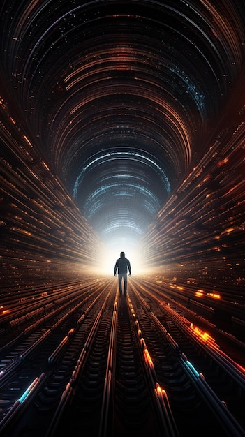 Foto immagine raffigurata di un uomo che cammina attraverso un tunnel con luci generative ai