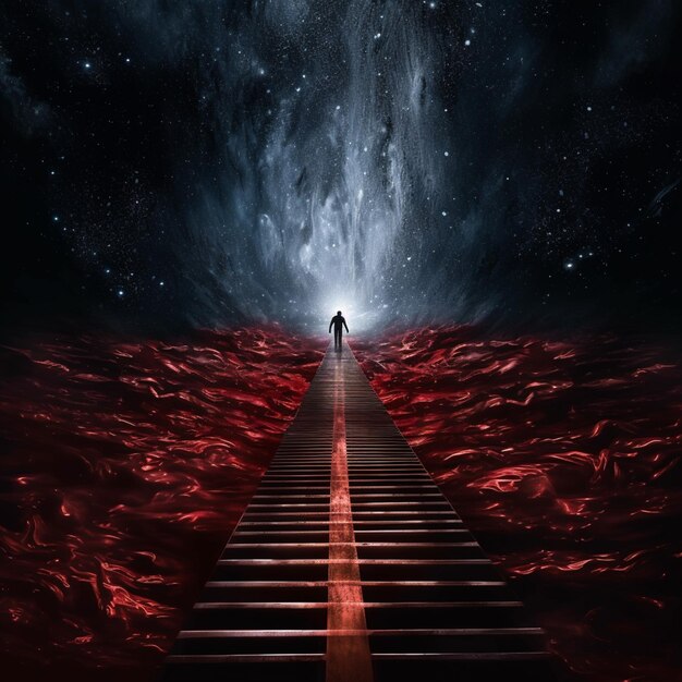 arafed image of a man walking up a flight of stairs towards a galaxy generative ai