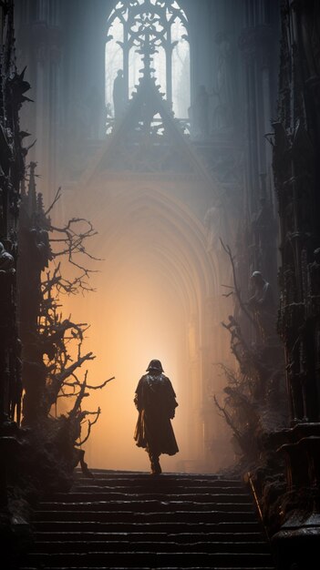 Arafed image of a man walking up a set of stairs in a dark castle generative ai