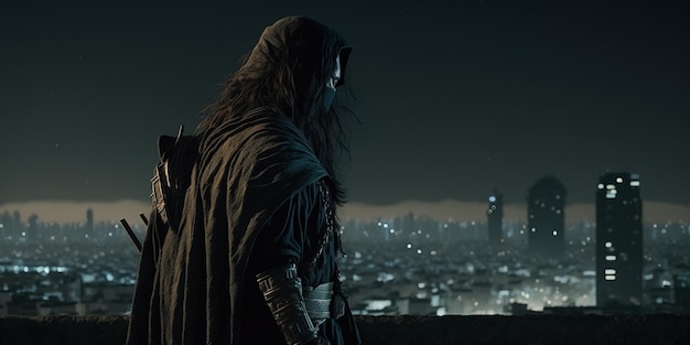 Arafed image of a man with a hood and cape standing in front of a city generative ai