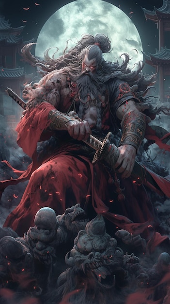 Изображение человека с мечом и демоном на куче черепов, генеративное ай