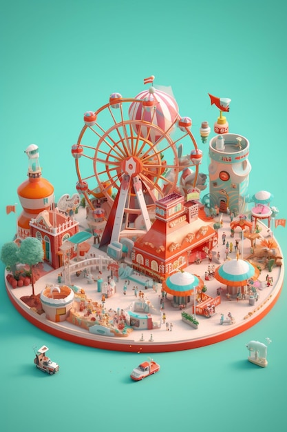 Arafed изображение миниатюрного парка развлечений с колесом обозрения и каруселью генеративный ай