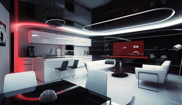 Arafed image of a modern kitchen with a red accent generative ai