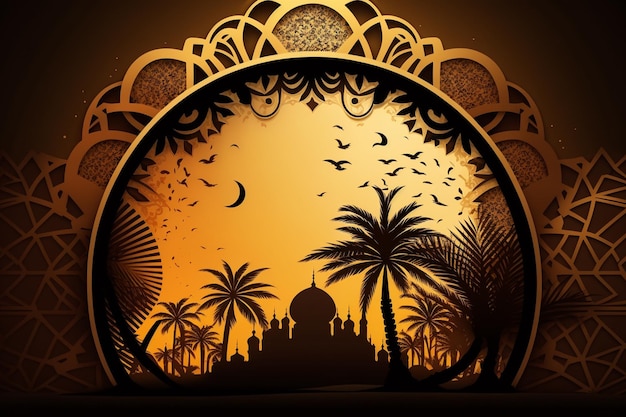 Arafed image of a mosque with palm trees and birds flying in the sky generative ai