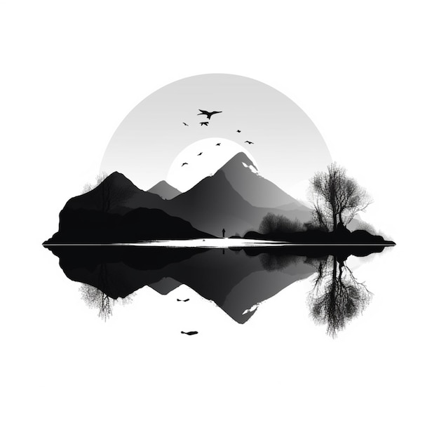 arafed image of a mountain with a lake and a bird flying over it generative ai