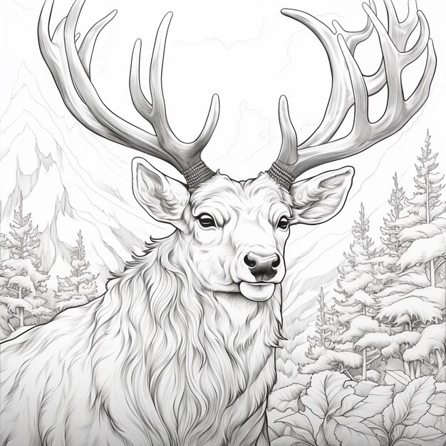 Фото Арафированное изображение оленя с рогами в снежном лесу