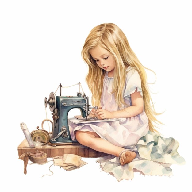 Фото Арафированное изображение девушки, сидящей на столе, шиящей генеративный ай