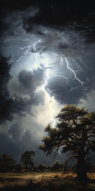 Фото Арафированное изображение молнии, поражающей дерево в поле