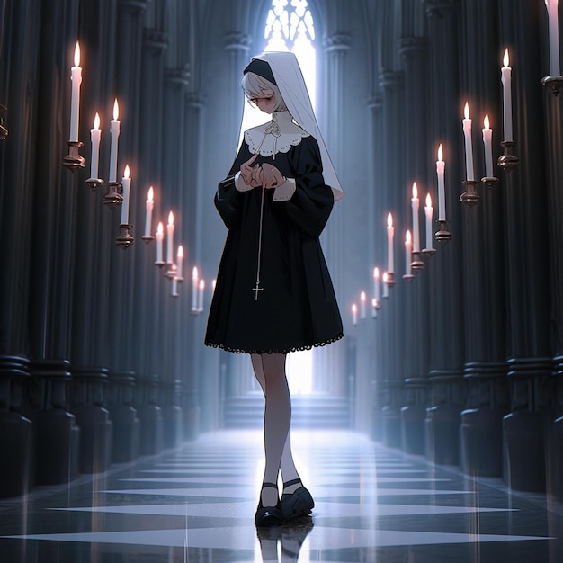 사진 불을 켜고 있는 교회 안의 수녀의 아라페드 이미지
