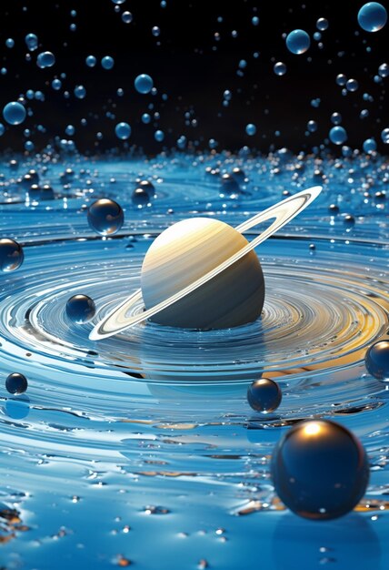 写真 水のプールに浮かぶリングとリングを持つ惑星のアラフェッド画像