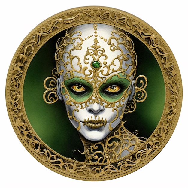 Фото Арафедское изображение женщины с зеленой и золотой маской