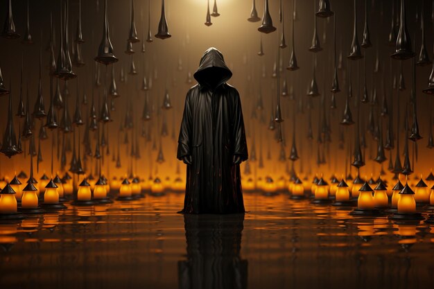 Arafed image of a person in a hooded cloak standing in a room with candles generative ai