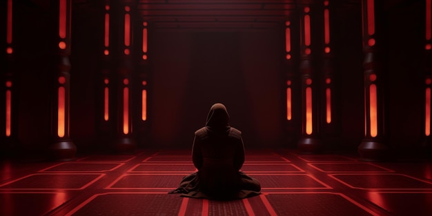 Arafed image of a person sitting in a dark room with red lights generative ai