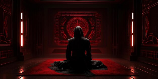 Arafed image of a person sitting in a room with a red light generative ai