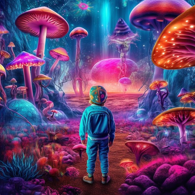 Arafed image of a person standing in a field of mushrooms generative ai