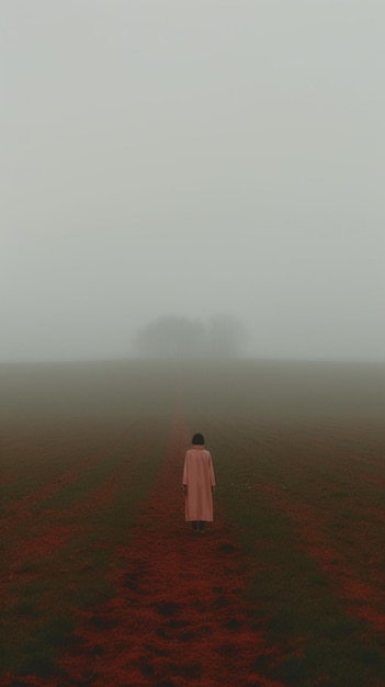 Foto immagine raffigurata di una persona che cammina in un campo nella nebbia generativa ai