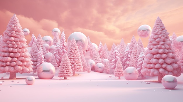 Арафированное изображение розового леса с покрытыми снегом деревьями